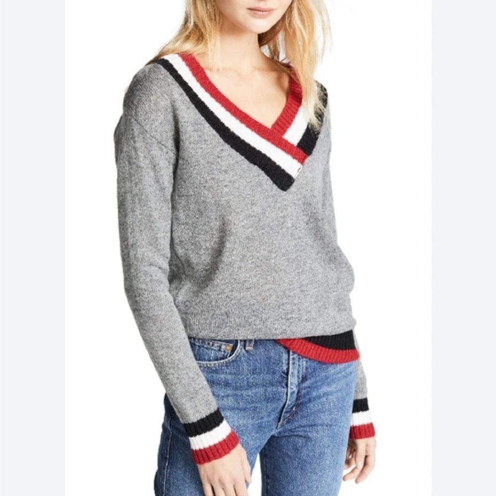 Rebecca minkoff V neck sweater nautical wool mohair small gray red blue USA